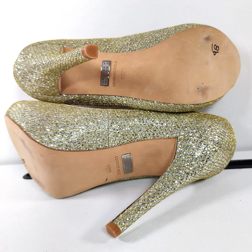 Badgley Mischka Glitter Platform Peep Toe Pumps Gold Stiletto Heels 10M